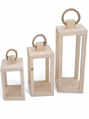 Zestaw 3x lampion drewniany naturalny - 18x18x40, 18x18x50, 18x18x60 cm