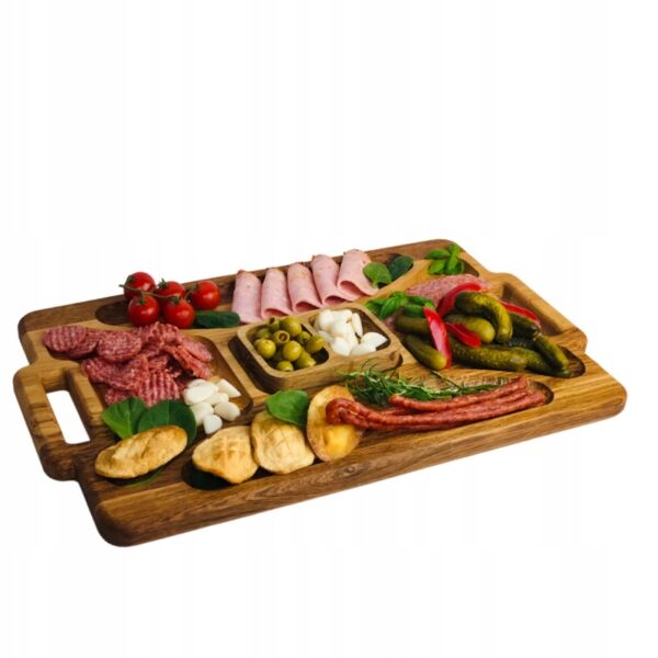 Zestaw taca drewniana dębowa 5 komorami do przystawek wędlin itp 48x30x2cm