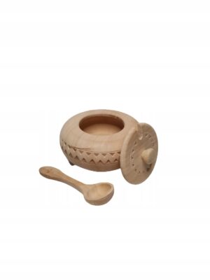 Cukierniczka drewniana góralska rzeźbiona z łyżeczką śr.12cm
